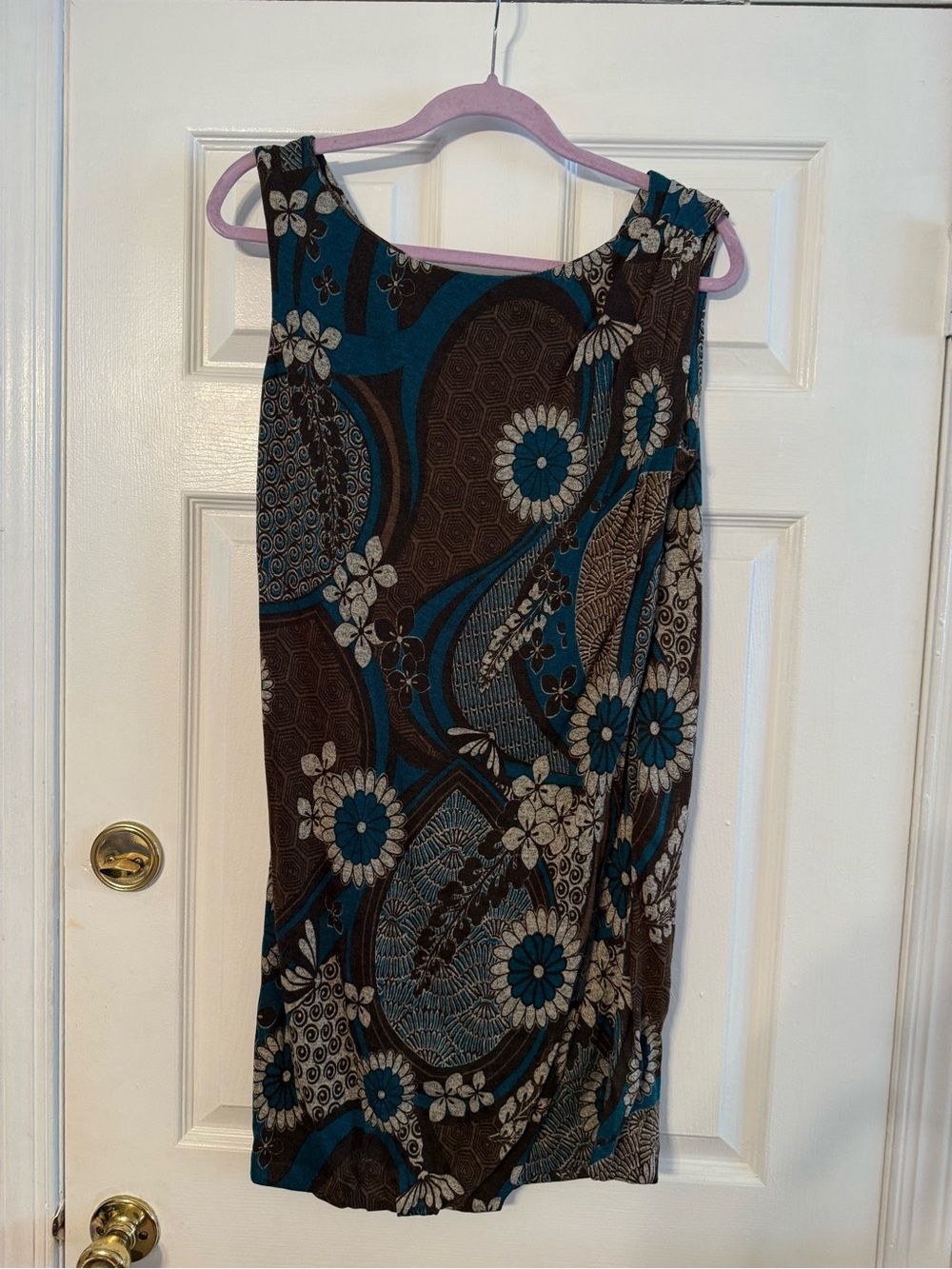 Sleeveless Floral Print Mini Dress in Teal and Brown